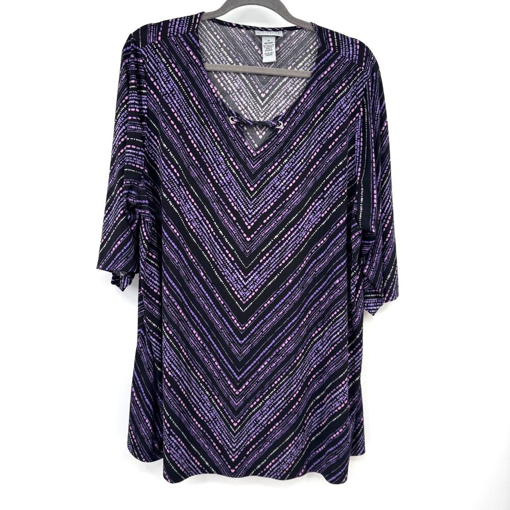 Catherines Black & Purple Chevron Tunic Top 1X 18/20 V-Neck 3/4 Sleeve Stretch P